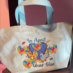Autism Awareness hand embroidery Blue Tote Bag 🧩